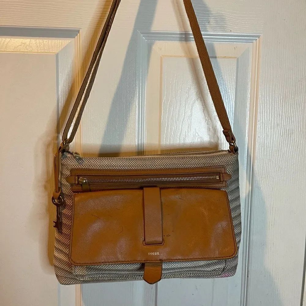 Fossil kinley Cotton stripes beige and taupe leather tan trims crossbody bag.